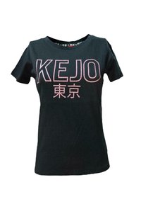 T-shirt in cotone nero con grande stampa rosa "KEJO" e "東京" in uno stile casual a girocollo. Maniche corte e vestibilità standard.