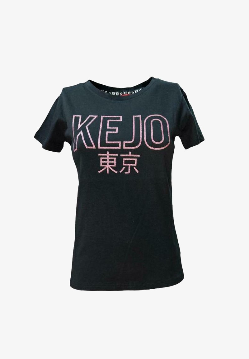 Schwarzes Baumwoll-T-Shirt mit dem Wort "KEJO" und japanischen Schriftzeichen in Pink auf der Vorderseite. Kurze Ärmel, Rundhalsausschnitt, legere Passform.