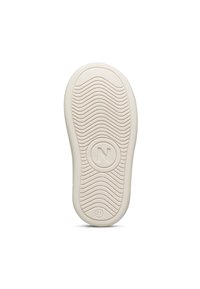 Suola di una scarpa bianca con un motivo di battistrada ondulato, logo circolare con "N" al centro e il numero di taglia "21" nella zona del tallone.