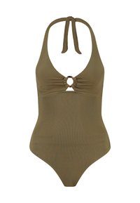 Maillot de bain une pièce vert olive avec un col halter, texture côtelée, détail à fente sur le devant et couverture minimale à l'arrière.