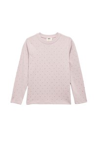 Lichtroze langemouwen shirt gemaakt van zachte stof, met kleine, verspreide rode stippen erdoorheen. Ronde halslijn en rechte snit.