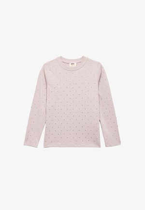 Jasnoróżowa koszula z długim rękawem, uszyta z miękkiego materiału, z małymi, rozsianymi czerwonymi kropkami. Okrągły dekolt i prosty krój.