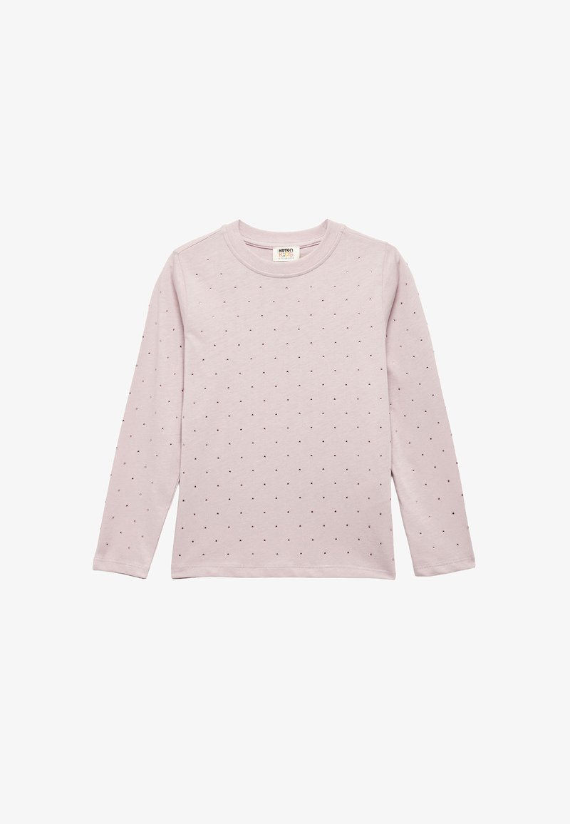 Camicia a maniche lunghe di colore rosa chiaro, realizzata in tessuto morbido, con piccoli puntini rossi sparsi. Collo tondo e taglio dritto.