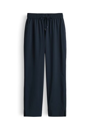 Lichtgewicht donkerblauwe broek met elastische tailleband, verstelbaar trekkoord, zijzakken, rechte pijpen en kleine zijsplitsingen aan de zoom.