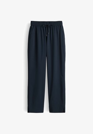 Pantaloni leggeri blu navy con vita elasticizzata, coulisse regolabile, tasche laterali, gambe dritte e piccoli spacchi laterali agli orli.