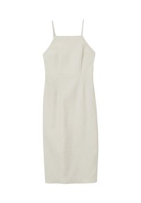 Cremefarbenes ärmelloses Midikleid mit Spaghettiträgern, geradem Ausschnitt und figurbetonter Silhouette.