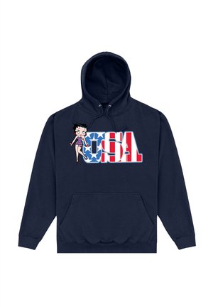 Mørkeblå hættetrøje med frontlomme, udstyret med et grafik af en tegneserie kvinde og "USA" i rød, hvid og blå farver. lavet af bomuldsmateriale.