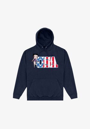 Sudadera azul marina con bolsillo frontal, que presenta un gráfico de una mujer de dibujos animados y la palabra "USA" en colores rojo, blanco y azul. Material de algodón.