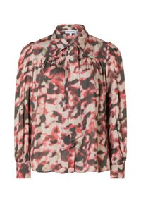 Blouse à motifs en tissu léger avec un design abstrait rouge, rose et vert. Comprend un col, un détail de nœud et des manches longues.