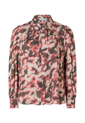 Musterbluse aus leichtem Stoff mit einem abstrakten Design in Rot, Pink und Grün. Enthält einen Kragen, eine Schleifendetail und lange Ärmel.