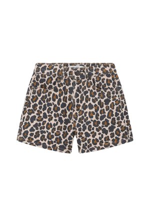 Children's denim shorts with black and brown leopard print, button closure, belt loops, and front pockets on white background.