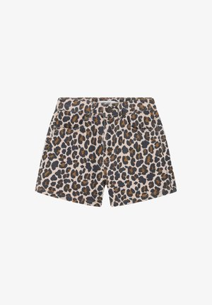 Kinder Denim Shorts mit schwarzem und braunem Leopardenmuster, Knopfverschluss, Gürtelschlaufen und Vordertaschen auf weißem Hintergrund.