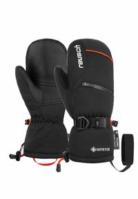 Moufles noires avec une paume en cuir texturé, doublure en GORE-TEX, poignet réglable avec des sangles et accents orange vif. Comprend une poche zippée.