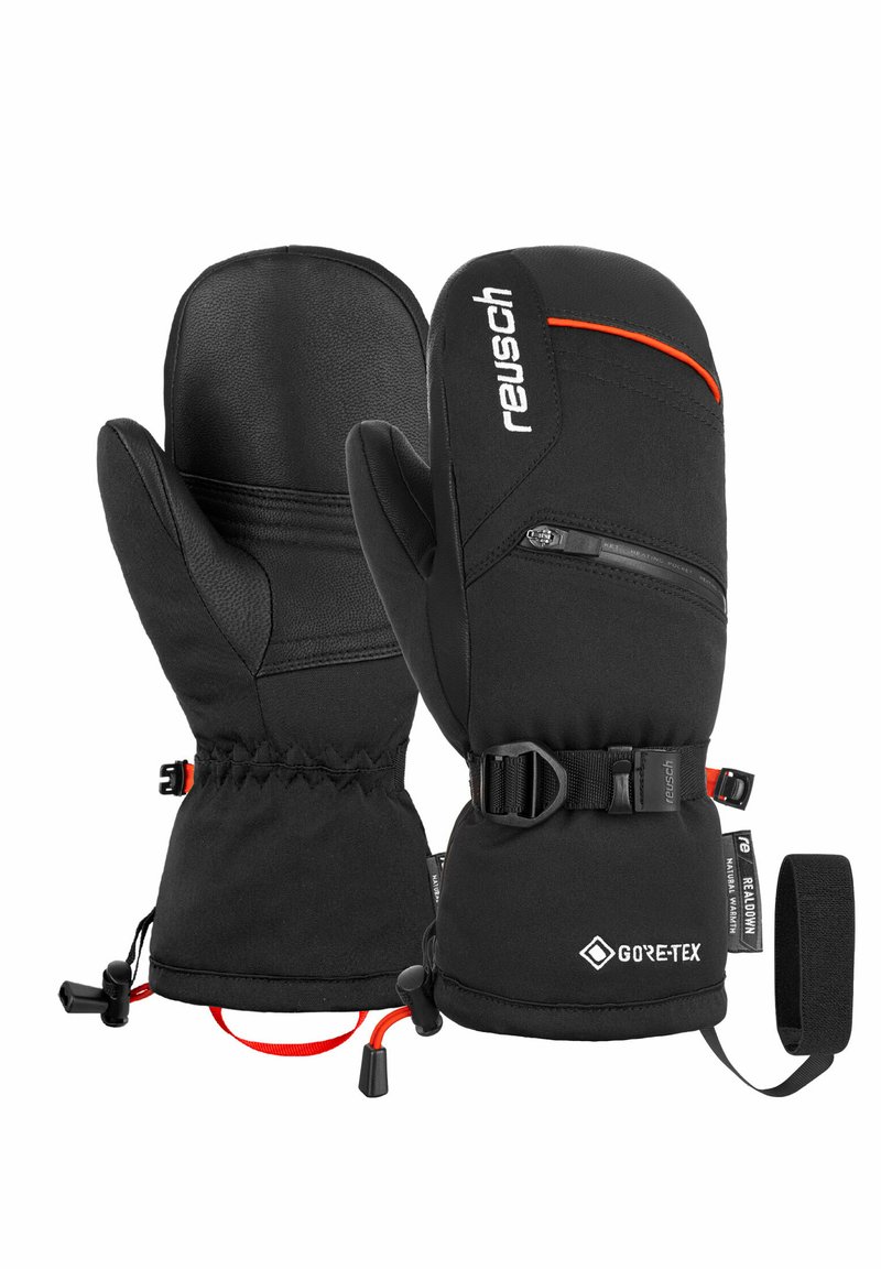 Moufles noires avec une paume en cuir texturé, doublure en GORE-TEX, poignet réglable avec des sangles et accents orange vif. Comprend une poche zippée.