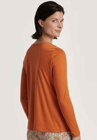 Langsleeve top in oranje, met een ronde hals en een gladde stof, met een ontspannen snit en een lichte draping aan de achterkant.