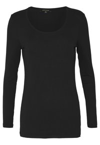 Schwarzes Langarmoberteil aus weichem Stoff, mit rundem Ausschnitt und figurbetonter Form. Einfaches Design ohne sichtbare Muster oder Akzente.