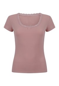 Rosa ribbad kortärmad topp med en scallopkrage och en rosett detalj i mitten. Mjuk tygtextur, figurnära design.