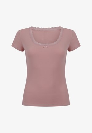 Roze geribbelde top met korte mouwen, een gegolfde halslijn en een strikdetail in het midden. Zachte stof, getailleerd ontwerp.