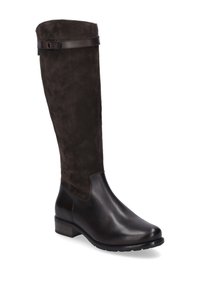 Braune knöchelhohe Stiefel mit einer glatten Lederzehe und einem matten Wildlederoberen, akzentuiert durch einen Lederbund an der Oberkante und einem niedrigen Blockabsatz.