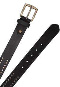 Sort læderbælte med metalnitter, spænde i messingfarvet rektangulær form og flere justeringshuller mod en hvid baggrund.