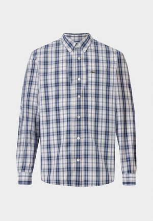Checkered button-up shirt in blue and white, featuring a classic collar, long sleeves, and a small embroidered logo on the chest.