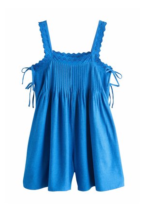 Blaues ärmelloses Kleid mit spitzenbesetzten Trägern, plisseeartigem Oberteil und seitlichen Bindendetails, aus leichtem Stoff gefertigt.