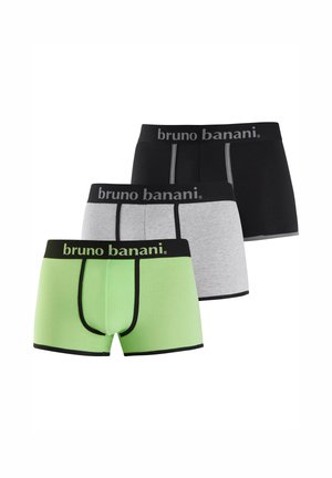 Drei Paar Herren-Boxershorts in Grün, Grau und Schwarz mit schwarzen Taillenbändern, gebrandmarkt mit "bruno banani."