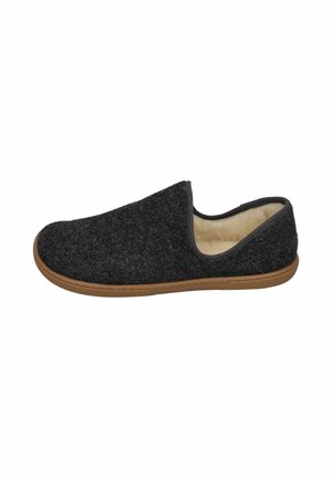 Gray felt slipper with a tan rubber sole, featuring a slip-on design, soft inner lining, and minimalistic style. No embellishments present.