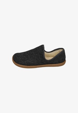 Gray felt slipper with a tan rubber sole, featuring a slip-on design, soft inner lining, and minimalistic style. No embellishments present.