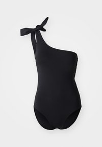 Schwarzer Ein-Schulter-Badeanzug mit seitlichem Bindeband, glatter Stoff und moderater Bedeckung. Elegantes Design ohne Muster oder Verzierungen.
