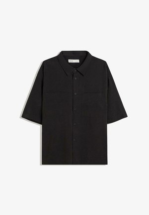 Black short-sleeve shirt with a collared neckline, two front pockets, button closure, and a smooth fabric texture.