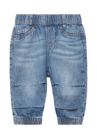 Pantaloni in denim di colore blu chiaro con vita elasticizzata, tasche cucite e orli a sigaretta, caratterizzati da un effetto sbiadito e una trama morbida.