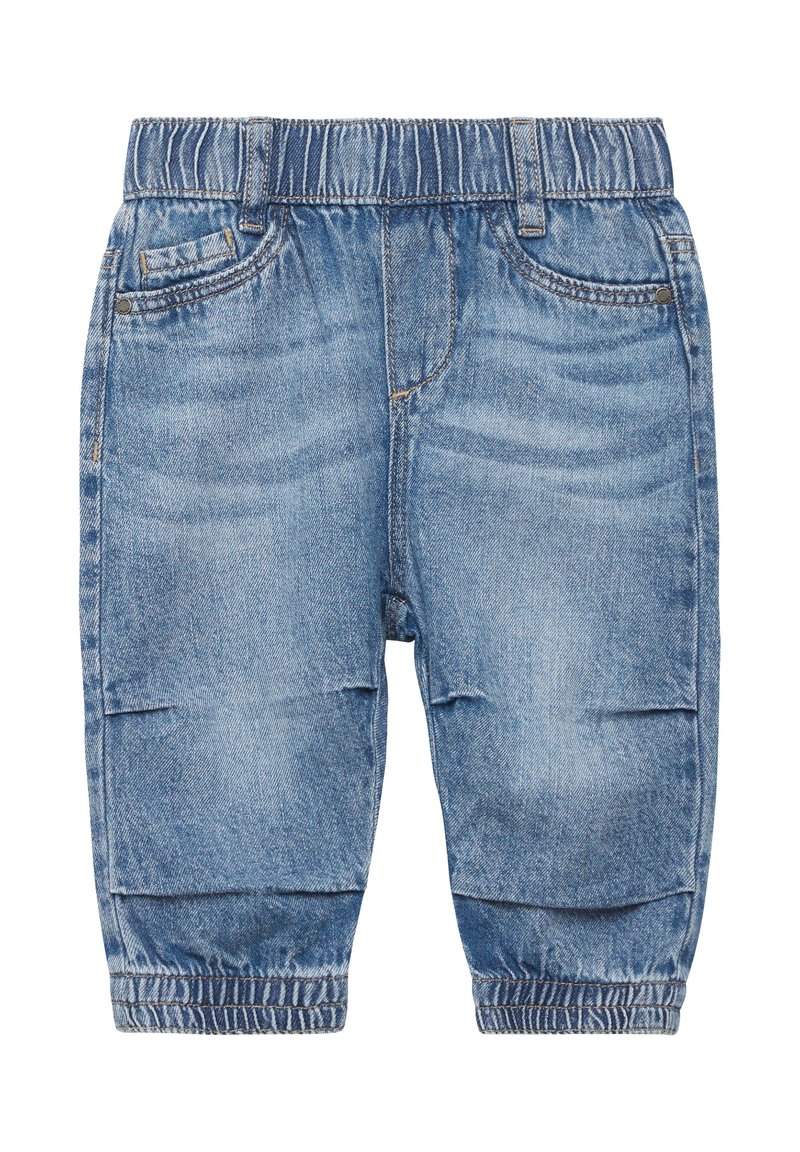 Pantaloni in denim di colore blu chiaro con vita elasticizzata, tasche cucite e orli a sigaretta, caratterizzati da un effetto sbiadito e una trama morbida.