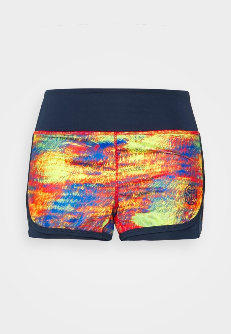 Shorts de sport pour femmes avec une large ceinture bleu marine et un motif coloré et abstrait en rouge, jaune et bleu sur le tissu principal.