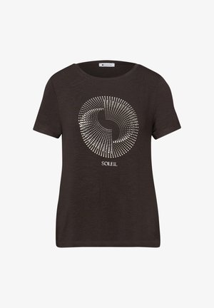 Černé tričko s krátkými rukávy a kulatým výstřihem, zdobené kruhovým vzorem stříbrných teček a slovem "SOLEIL" pod designem.