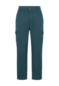 Teal cargo bukser lavet af letvægtsstof, med sidelommer, knaplukning og lige ben design.
