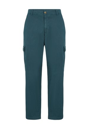 Teal cargo pants made of lightweight fabric, featuring side pockets, a button closure, and a straight leg design.