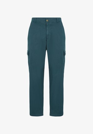 Pantalons cargo vert-bleu en tissu léger, dotés de poches latérales, d'une fermeture à bouton et d'une coupe droite.