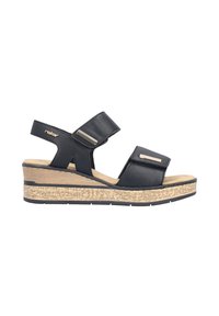 Sort kilehøjhælet sandal med to justerbare remme og beige tekstureret platformsål, åben tå og hælrem.