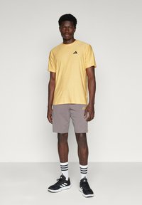 Gelb gestreiftes kurzärmliges T-Shirt mit schwarzem Logo, kombiniert mit grauen Shorts mit seitlichen Akzenten und schwarzen Sportschuhen, die mit weiß- und schwarz gestreiften Socken getragen werden.