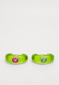 Green translucent resin bangles featuring pink and green gem accents with a diamond-like border. Smooth texture, chunky design.