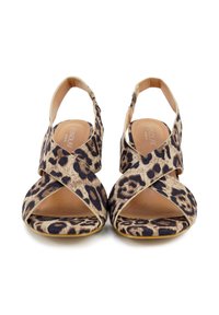 Leopardmuster Slingback-Sandalen mit Kreuzriemen, offenes Zehendesign und strukturiertem Obermaterial. Farbgestaltung in Beige und Schwarz.