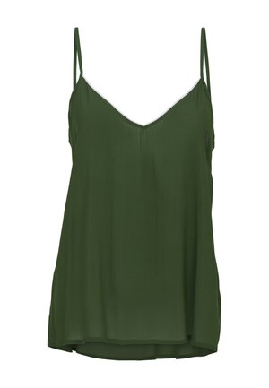 Dunkelgrünes ärmelloses Camisole mit dünnen, verstellbaren Trägern und V-Ausschnitt, gefertigt aus leichtem Stoff.