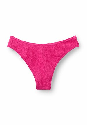 Rosa gehäkelte Bikinihose mit glatter Textur, niedriger Taille und breiten Seiten. Einfaches, einfarbiges Design ohne Muster oder Akzente.