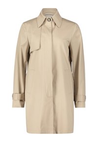 Beige Trenchcoat mit Kragen, vorderem Knopfverschluss, zwei Fronttaschen und Ärmelabschlüssen. Glattes Material, mittellanges Design.