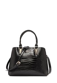 Sac en cuir noir embossé crocodile avec double poignée supérieure, bandoulière réglable, quincaillerie dorée et une forme structurée.