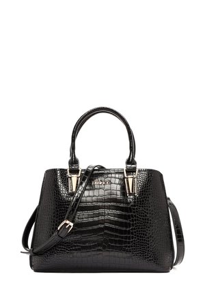 Borsa nera in stampa coccodrillo con manici superiori doppi, tracolla regolabile, dettagli in metallo dorato e una forma strutturata.