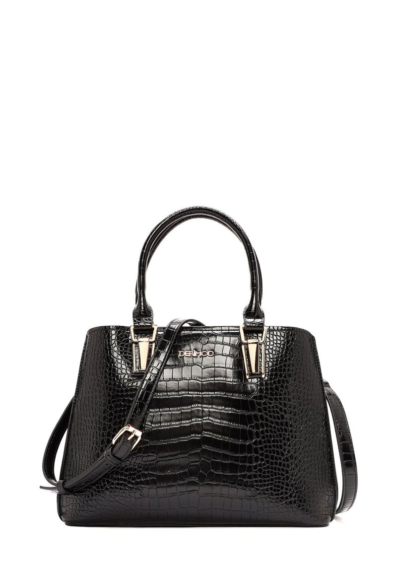 Sac en cuir noir embossé crocodile avec double poignée supérieure, bandoulière réglable, quincaillerie dorée et une forme structurée.