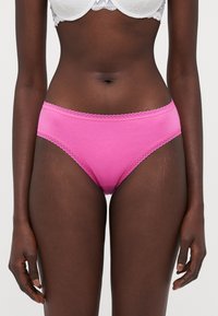 Cotton hipster underwear in bright pink with a delicate lace trim along the waistband and leg openings, featuring a smooth texture.