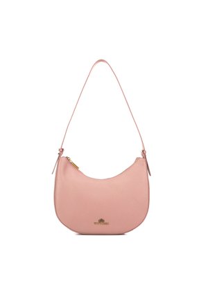 Sac à épaule en cuir rose avec une forme arrondie, une texture lisse et un petit détail de fermeture éclair. Il présente un logo doré à la base.